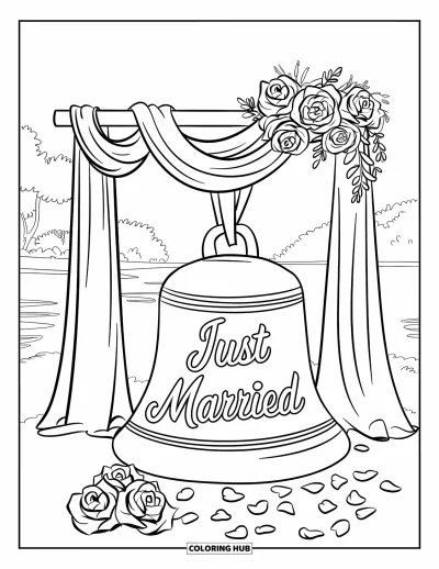Harang kifestő gyerekeknek: Esküvői harang "Just Married" felirattal virágos ív alatt, csendes tó közelében