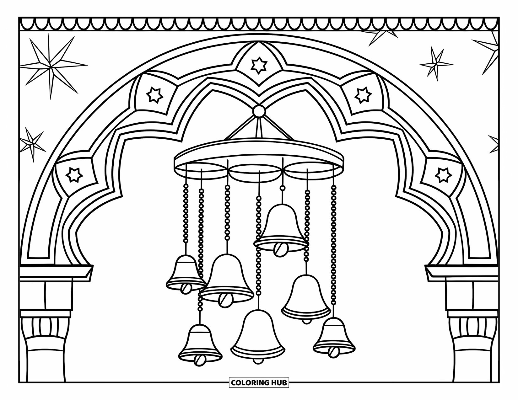 Bell Coloring Page for Kids: Wind chime with five bells under a curved archway with decorative stars