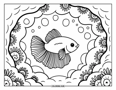 Coloriage de poisson betta pour adultes : Un poisson betta émerge d'une jolie grotte remplie de rochers, de coquilles d'escargots et de touffes végétales