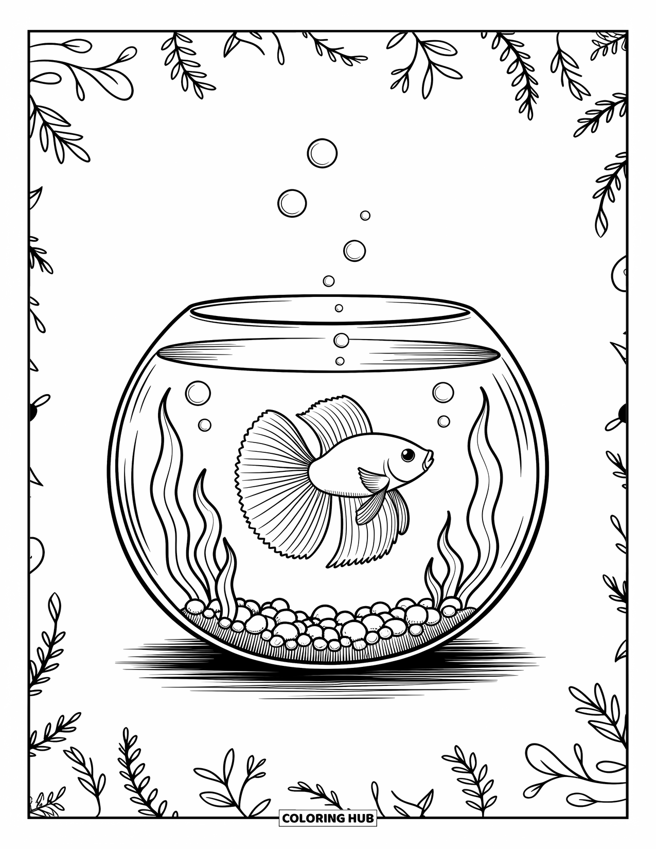 Betta Fish Coloring Page for Adults: A betta fish floats in a bubbly round bowl with wavy plants and pebbles
