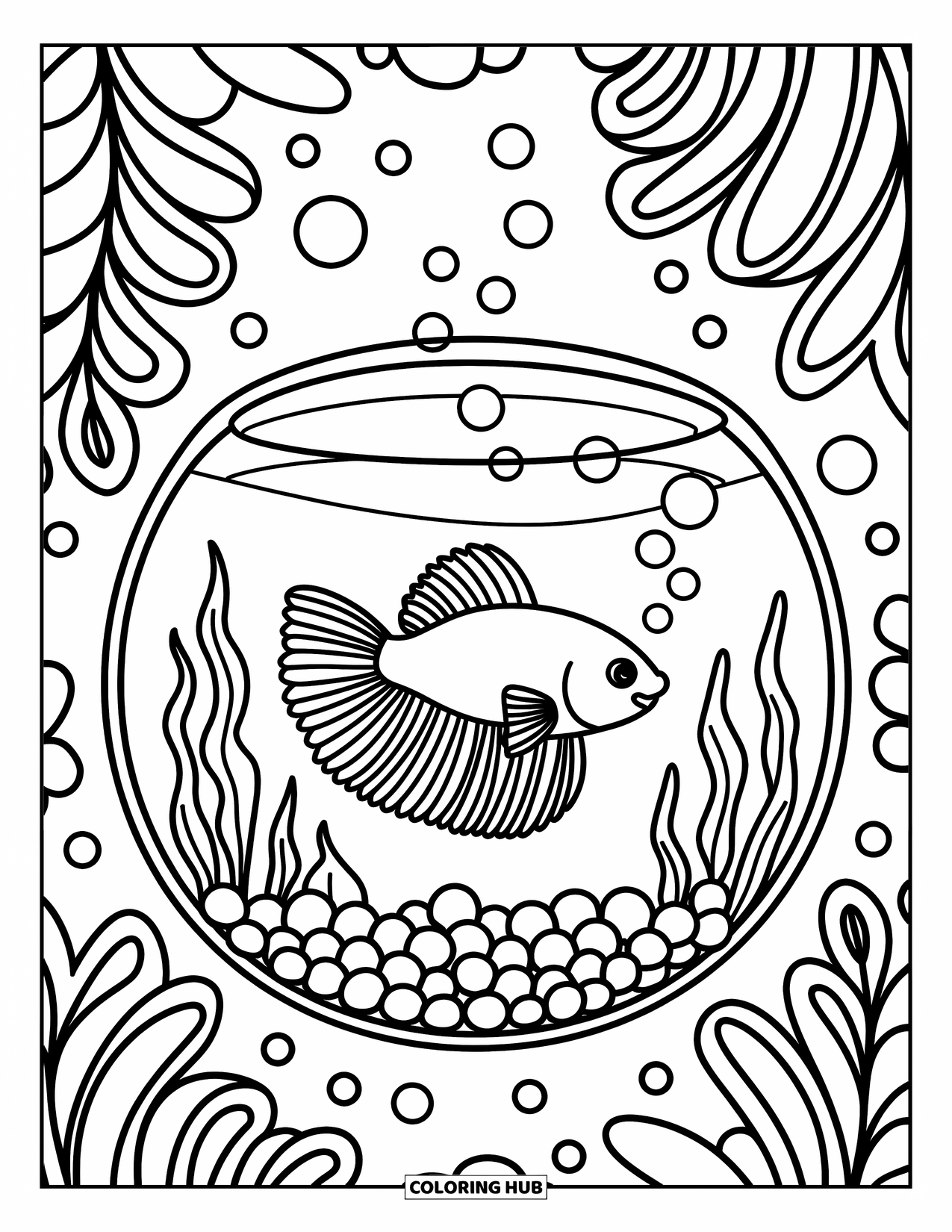 Betta Fish Coloring Page for Adults: A betta fish floats in a round bowl with bubbles and pebbles below