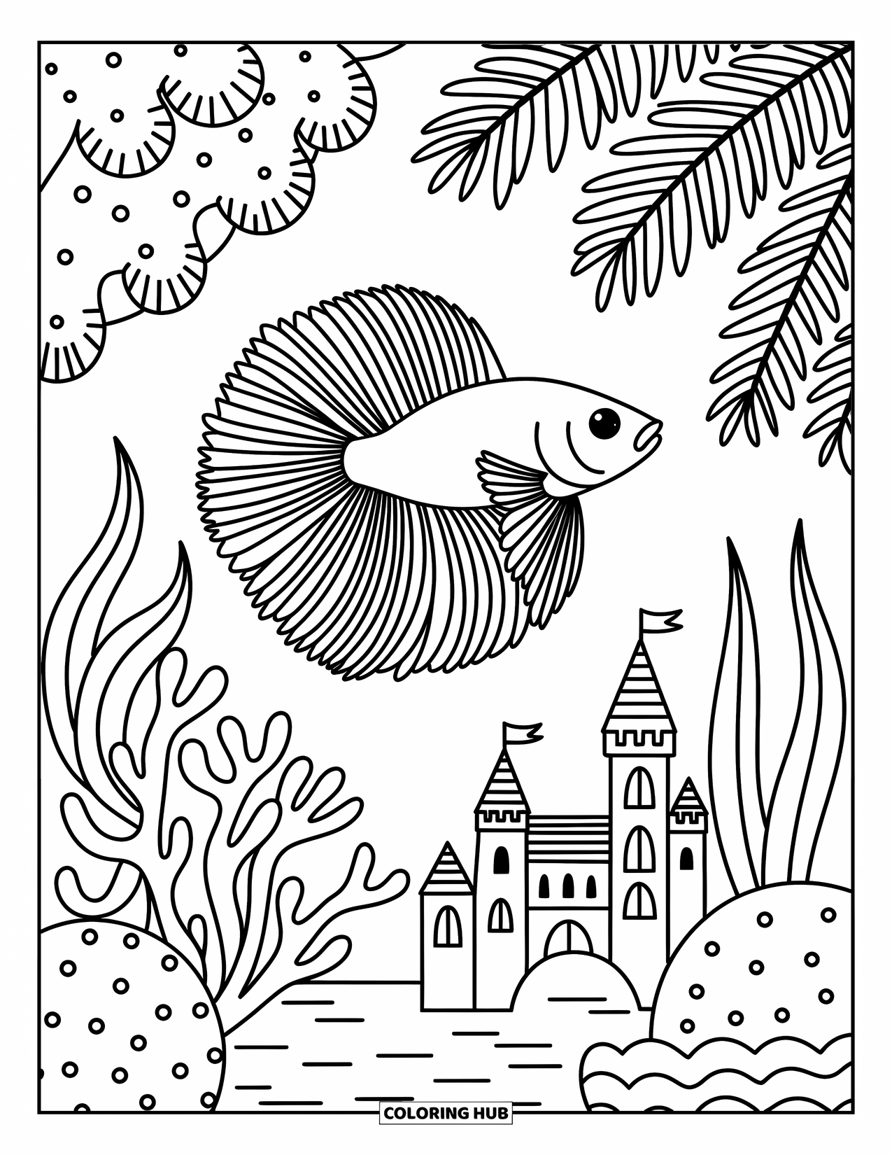 Betta Fish Coloring Page for Adults: A betta fish floats past soft coral and moss balls in a whimsical aquarium