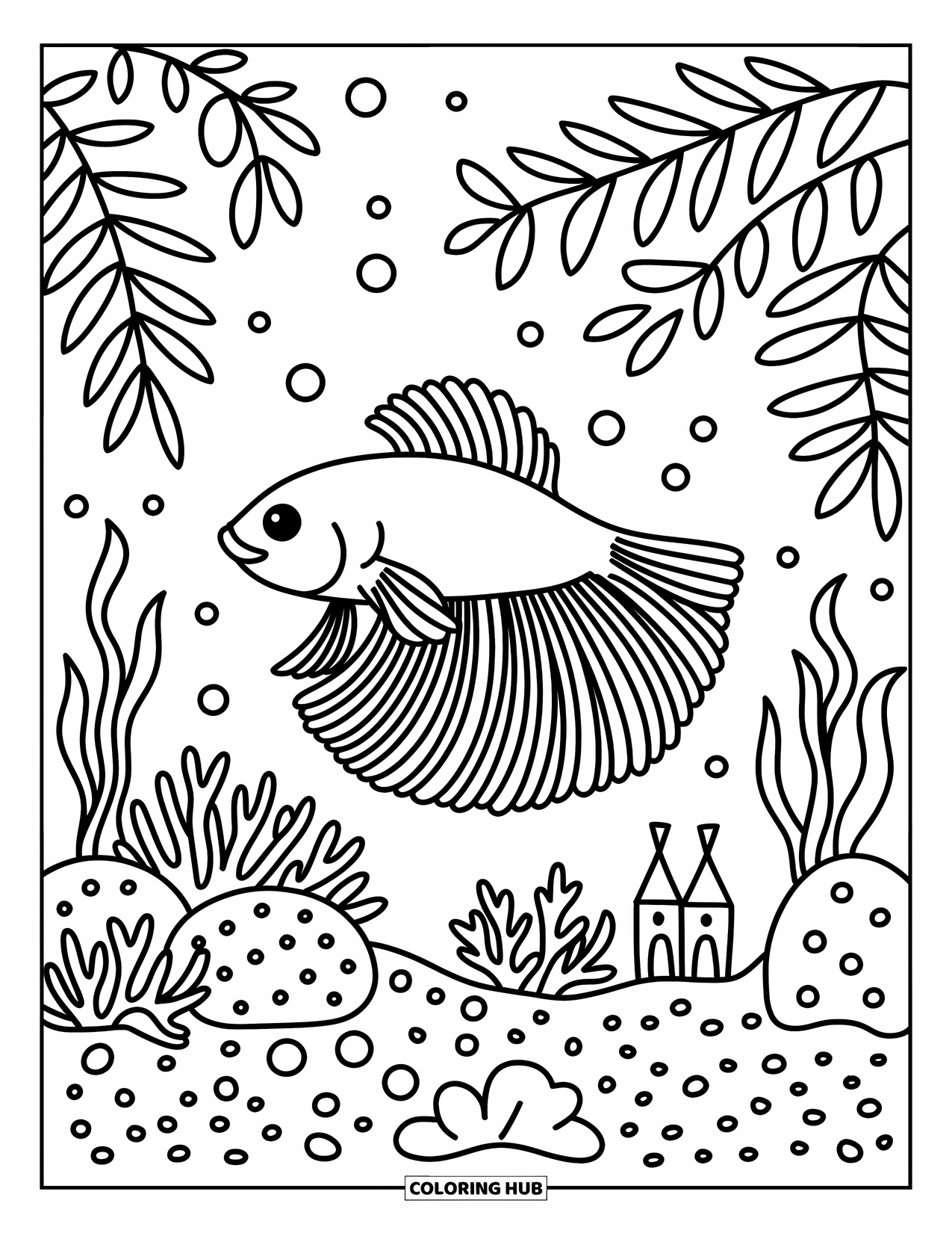 Betta Fish Coloring Page for Adults: A betta fish glides by coral and a castle with ferns waving nearby