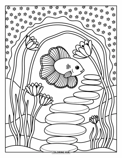 Coloriage de poisson betta pour adultes : Un poisson betta glisse sous de douces arches de plantes marines et de frondes en forme de fleurs