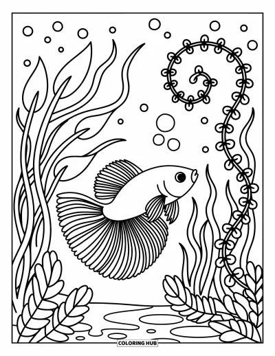 Coloriage de poisson betta pour adultes : Un poisson betta glisse parmi de grandes feuilles ondulantes et des bulles espièges sous l'eau