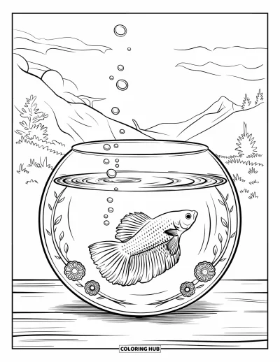 Coloriage de poisson betta pour adultes : Un poisson betta dans un bocal est entouré de motifs floraux et d'une vue apaisante