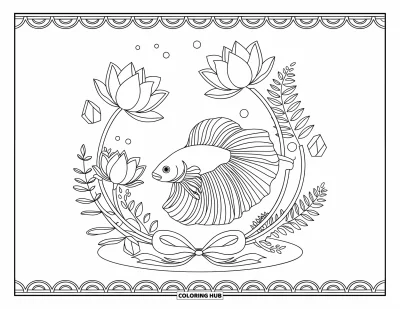Coloriage de poisson betta pour adultes : Un poisson betta dans un bocal enrubanné nage parmi des fleurs de lotus et des fougères