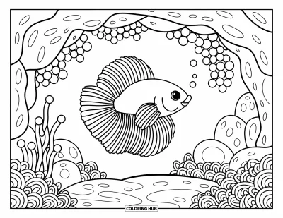Coloriage de poisson betta pour adultes : Un poisson betta pointe le museau hors d'une grotte douillette avec des coquillages, des rochers et des anémones espiègles