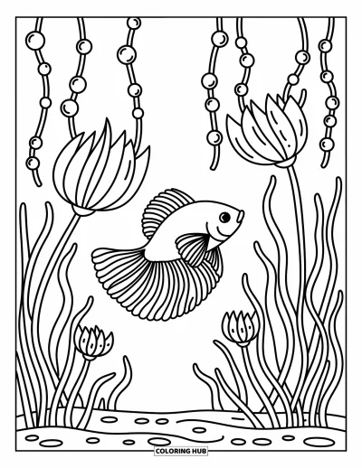 Coloriage de poisson betta pour adultes : Un poisson betta nage parmi des feuilles évoquant des nénuphars, des lianes en spirale et des amas de bulles