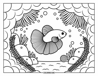 Coloriage de poisson betta pour adultes : Un poisson betta sort d'une grotte avec des anémones, des bulles et des frondes d'algues feuillues