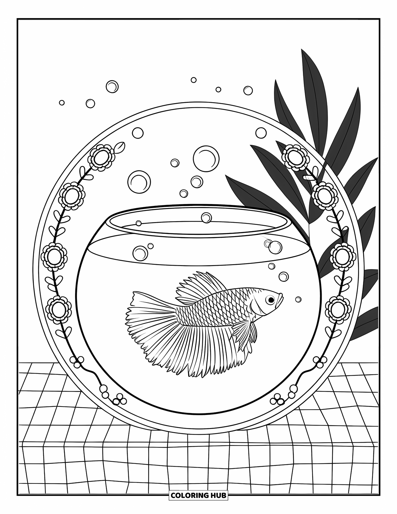 Betta Fish Coloring Page for Adults: A betta fish swims in a bowl on a table with bubbles and decorative flowers