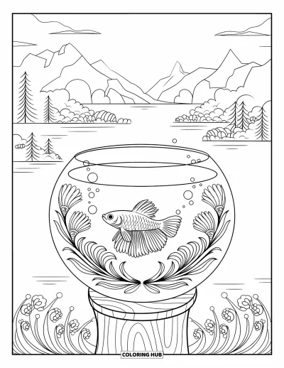 Coloriage de poisson betta pour adultes : Un poisson betta nage dans un bocal avec des bulles et des motifs floraux tout autour