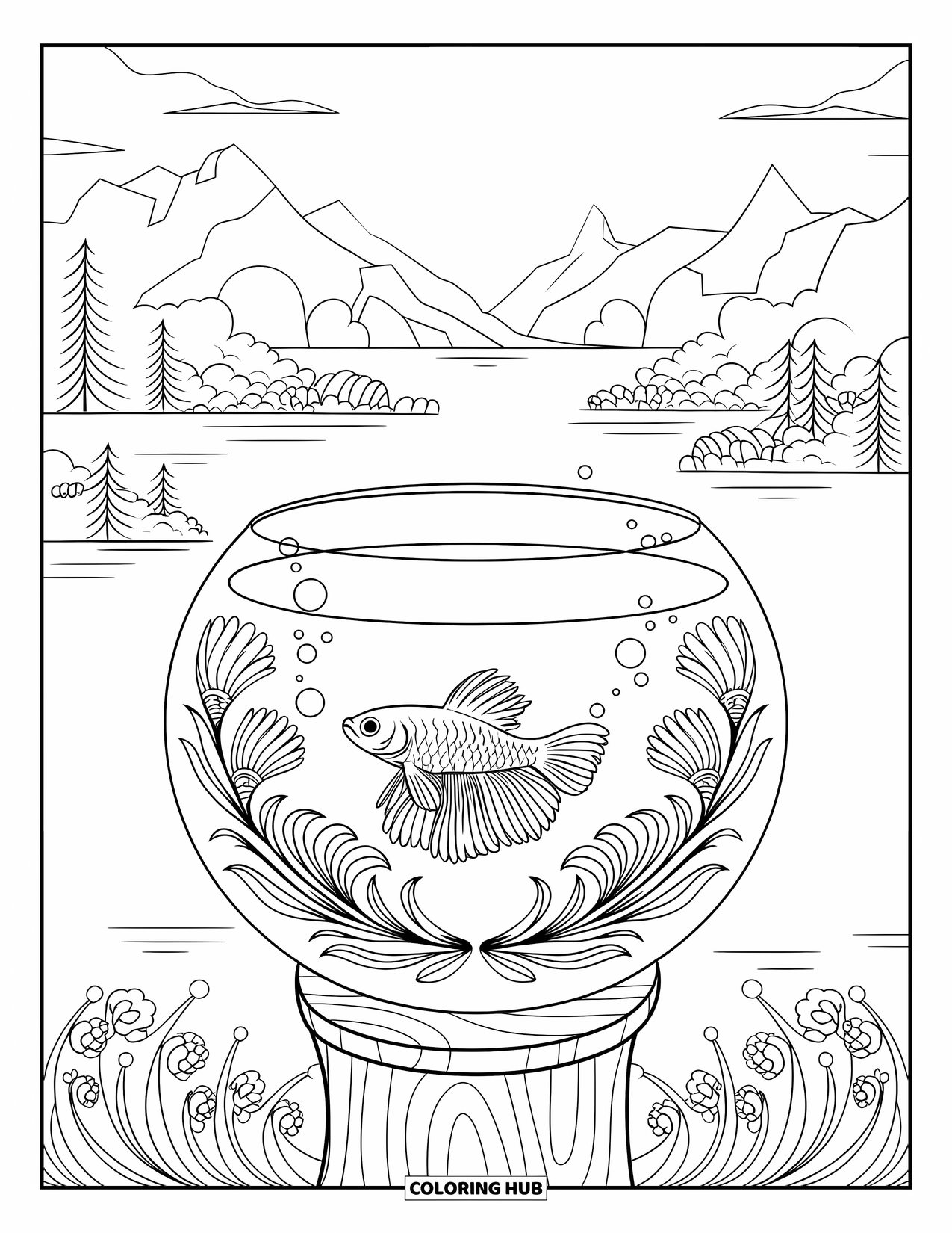 Betta Fish Coloring Page for Adults: A betta fish swims in a bowl with bubbles and floral designs around it