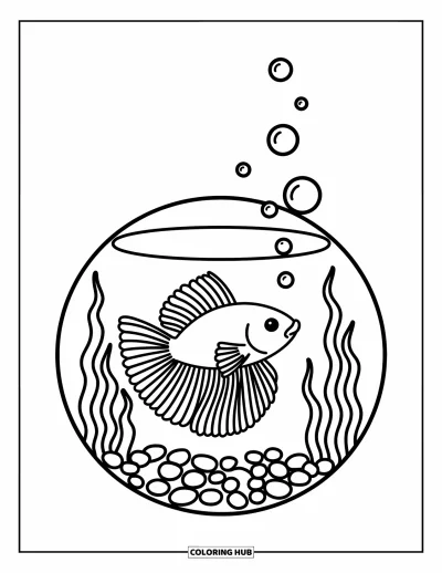 Coloriage de poisson betta pour adultes : Un poisson betta nage dans un bocal avec des plantes courbées et des bulles qui dérivent