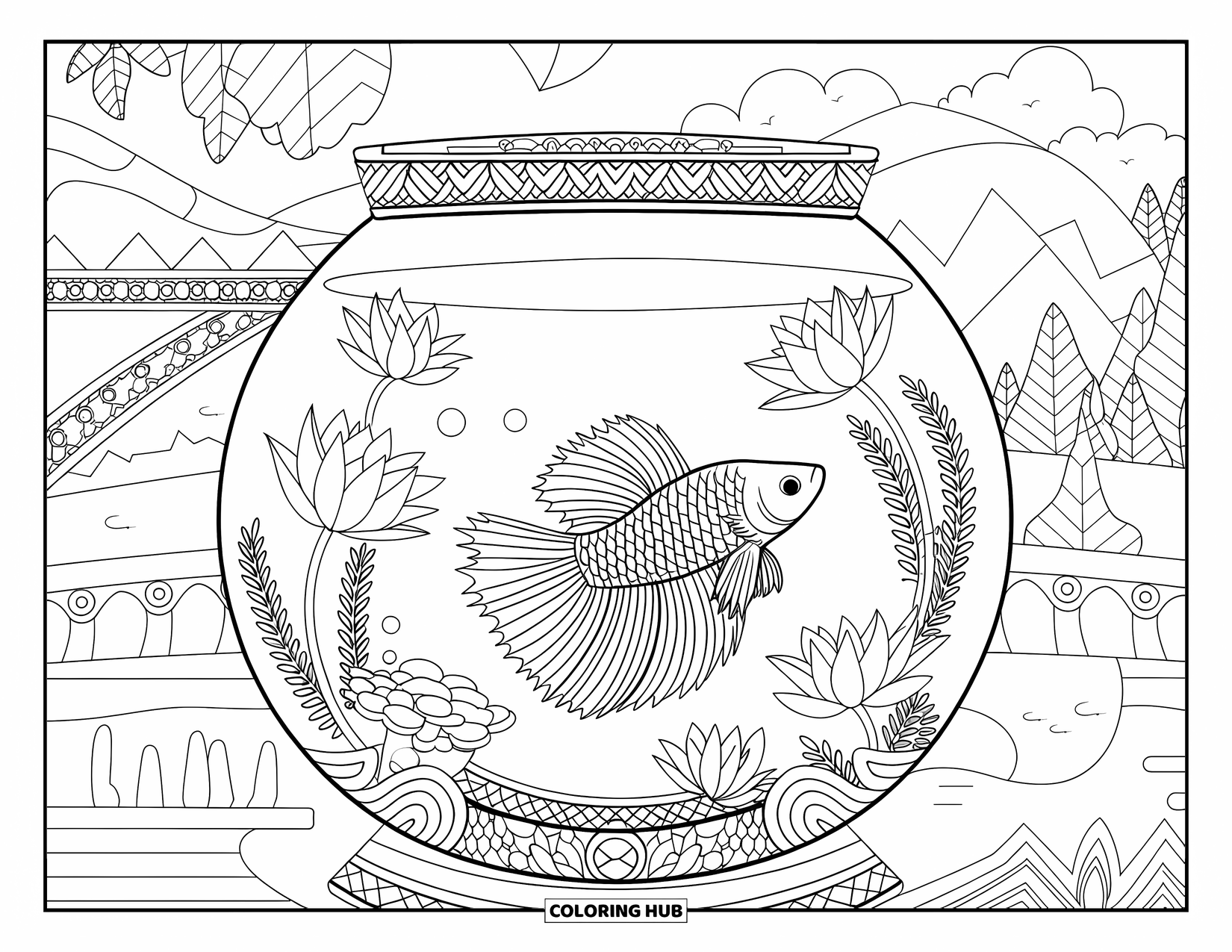 Betta Fish Coloring Page for Adults: A betta fish swims in a bowl with lotus flowers, ferns, and a peaceful mountain view