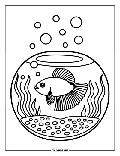 Coloriage de poisson betta pour adultes : Un poisson betta nage dans un bocal douillet garni de plantes, de galets et de douces bulles