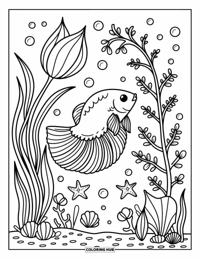 Coloriage de poisson betta pour adultes : Un poisson betta nage dans un jardin sous-marin rempli d'étoiles de mer et de petits coquillages
