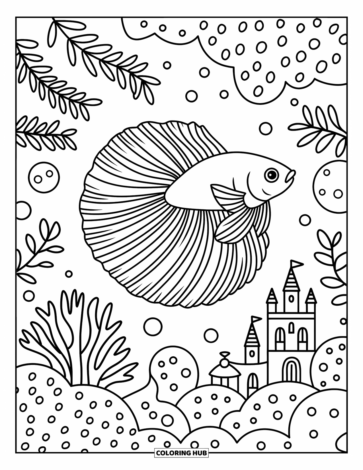 Betta Fish Coloring Page for Adults: A betta fish swims near coral, moss balls, and a castle in a cozy tank