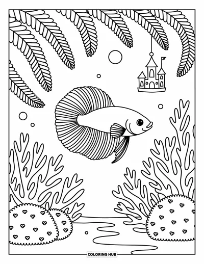Coloriage de poisson betta pour adultes : Un poisson betta nage près de plantes et d'un petit château dans un aquarium chaleureux