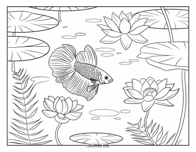 Coloriage de poisson betta pour adultes : Un poisson betta nage parmi des fleurs de lotus et des fougères dans un étang doux et serein