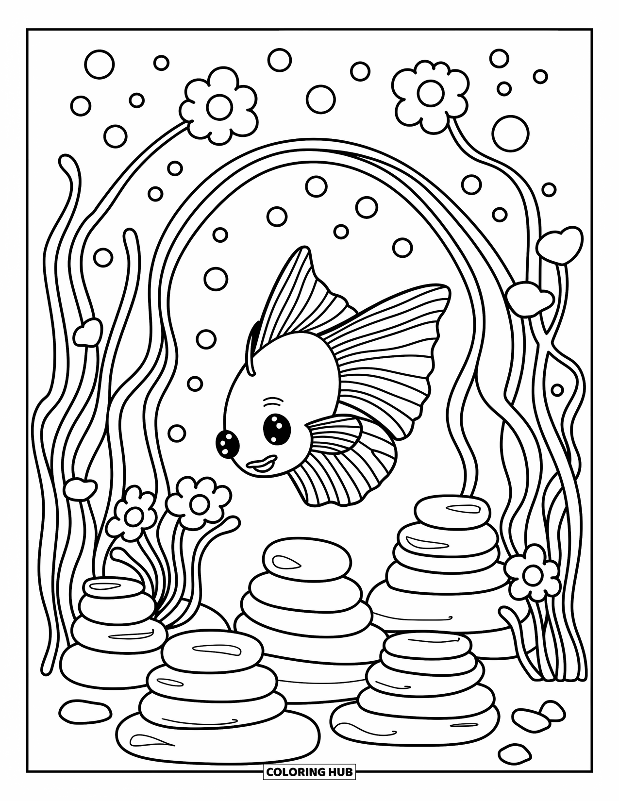 Betta Fish Coloring Page for Adults: A betta fish weaves through pebbles and anemones in a cute underwater archway