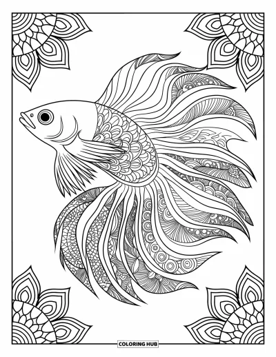 Coloriage de poisson betta pour adultes : Un poisson betta aux nageoires ornementées est centré dans une page aux détails complexes