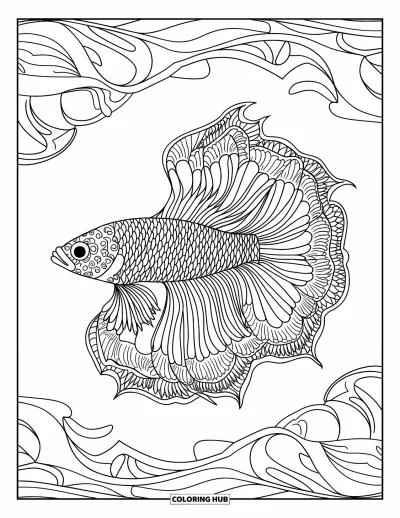 Coloriage de poisson betta pour adultes : Un poisson betta centré aux nageoires évoquant un mandala allie courbes délicates et lignes épurées