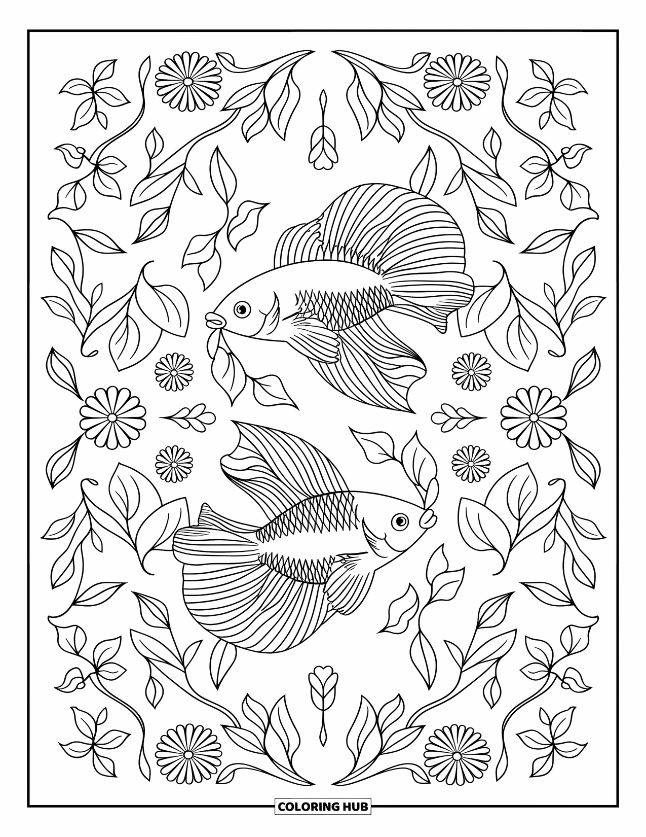 Betta Fish Coloring Page for Adults: A full-page pattern shows a betta fish with swirling vines and floral edges