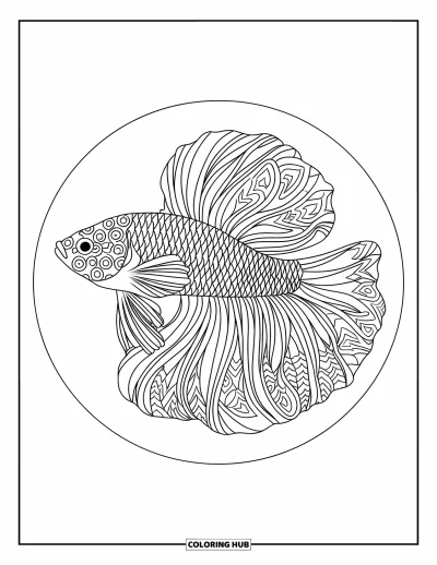 Coloriage de poisson betta pour adultes : Un poisson betta au style mandala avec des nageoires gracieuses est centré dans une composition ronde