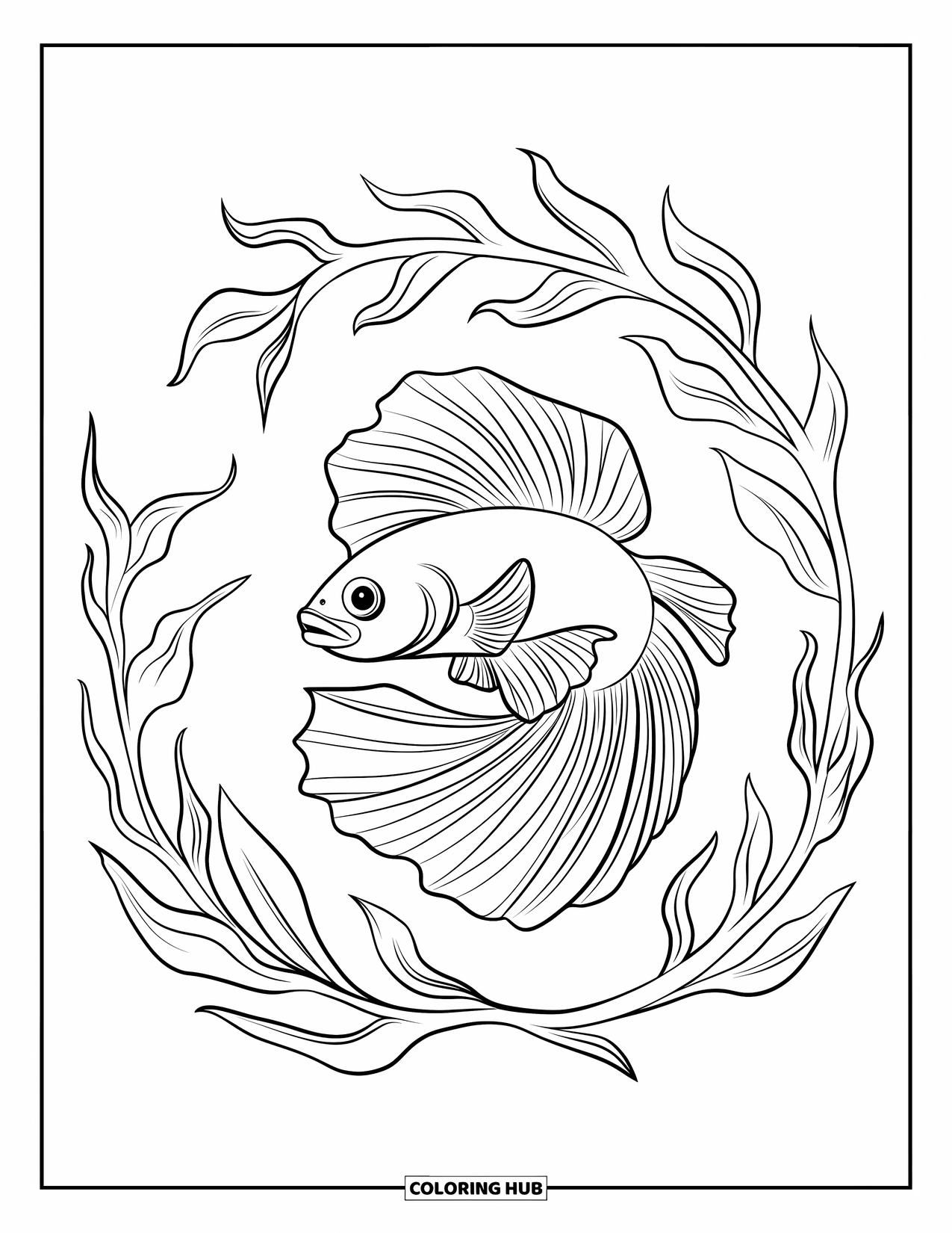 Betta Fish Coloring Page for Adults: A spiral-swimming betta fish is surrounded by bold vines in calm waters