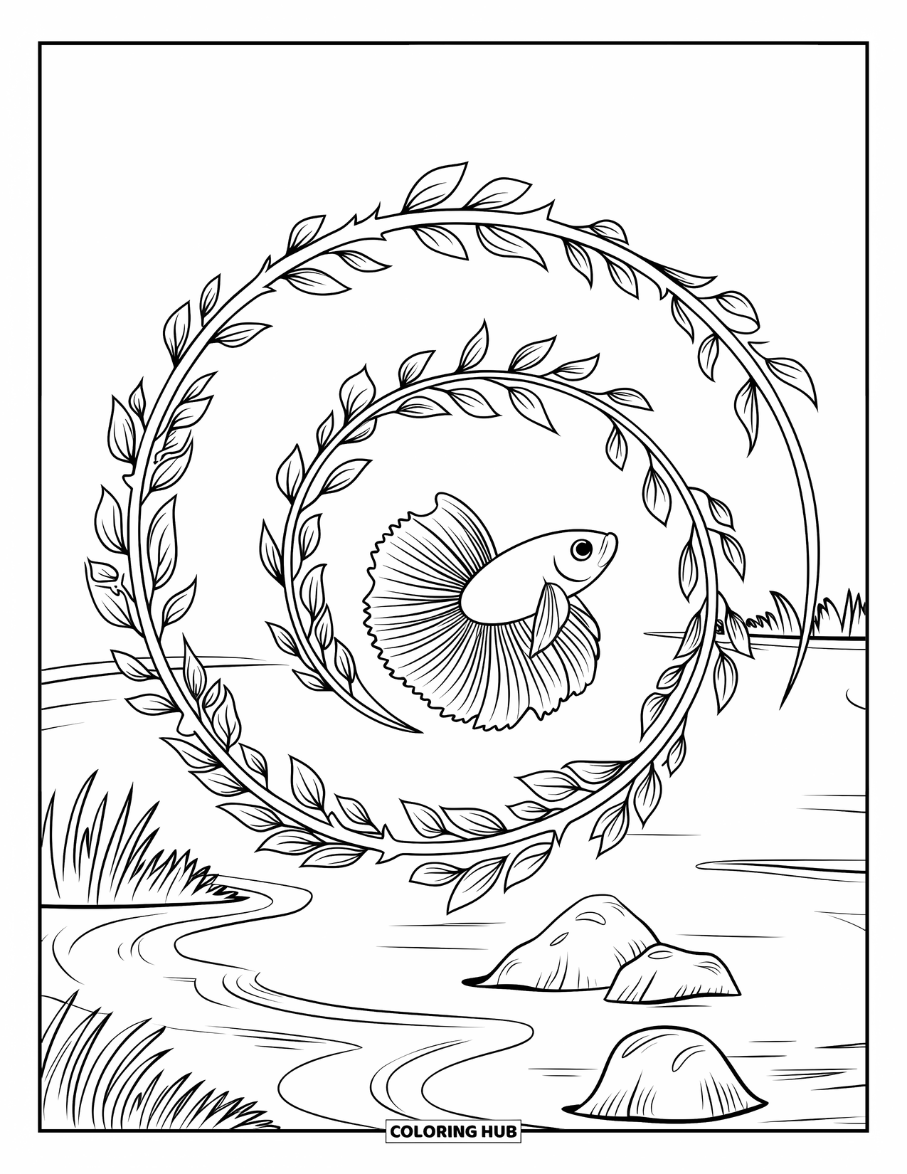 Betta Fish Coloring Page for Adults: A swirling betta fish floats in a spiral made of water vines near rocks