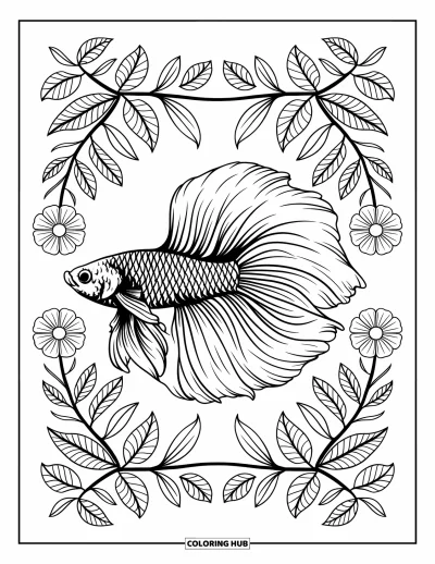 Coloriage de poisson betta pour adultes : Un dessin symétrique de poisson betta est entouré de bordures florales et feuillues