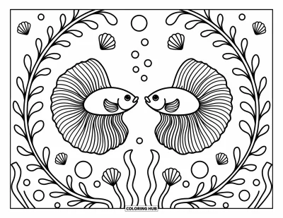 Coloriage de poisson betta pour adultes : Des bettas face à face tourbillonnent parmi des lianes, des bulles et de joyeuses petites créatures marines