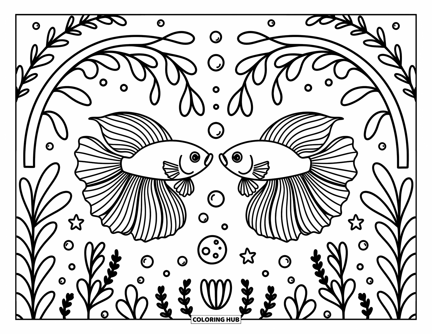 Betta Fish Coloring Page for Adults: Two betta fish swim in opposite directions with flowing fins and curling seaweed