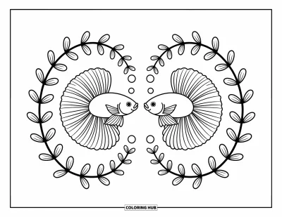 Coloriage de poisson betta pour adultes : Deux élégants poissons betta nagent dos à dos entourés de jolies lianes et de bulles