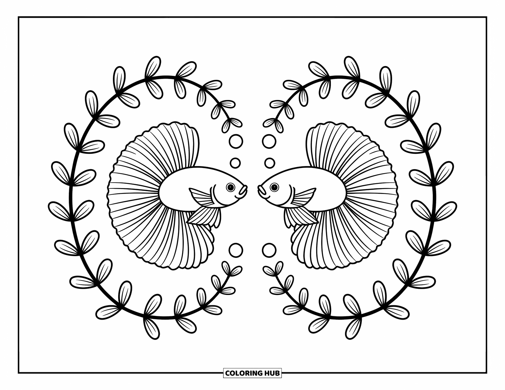 Betta Fish Coloring Page for Adults: Two graceful betta fish swim back-to-back surrounded by cute vines and bubbles