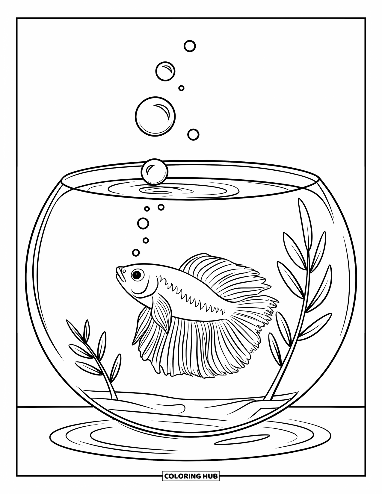 Betta Fish Coloring Page for Kids: A betta fish blows bubbles in a bowl with floating leaves nearby