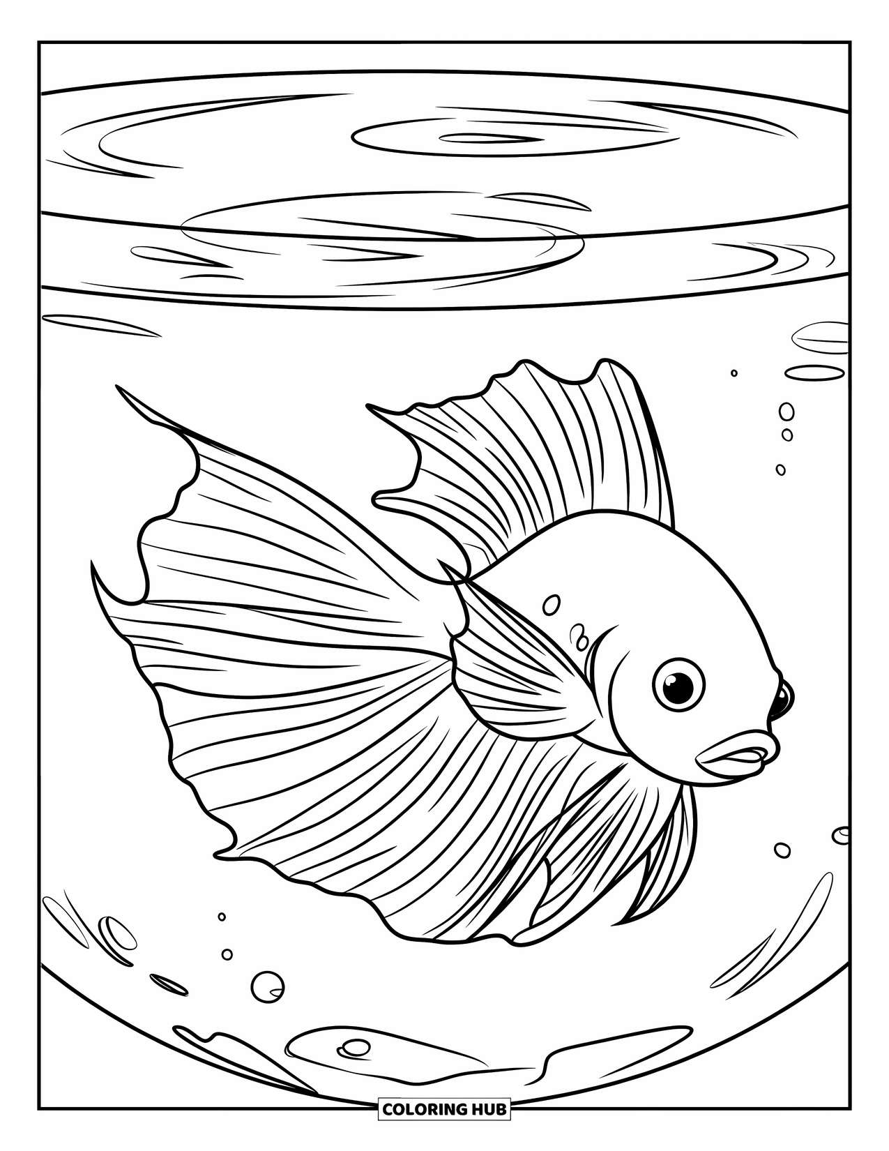 Betta Fish Coloring Page for Kids: A betta fish close-up with rippling water behind in a small, quiet bowl
