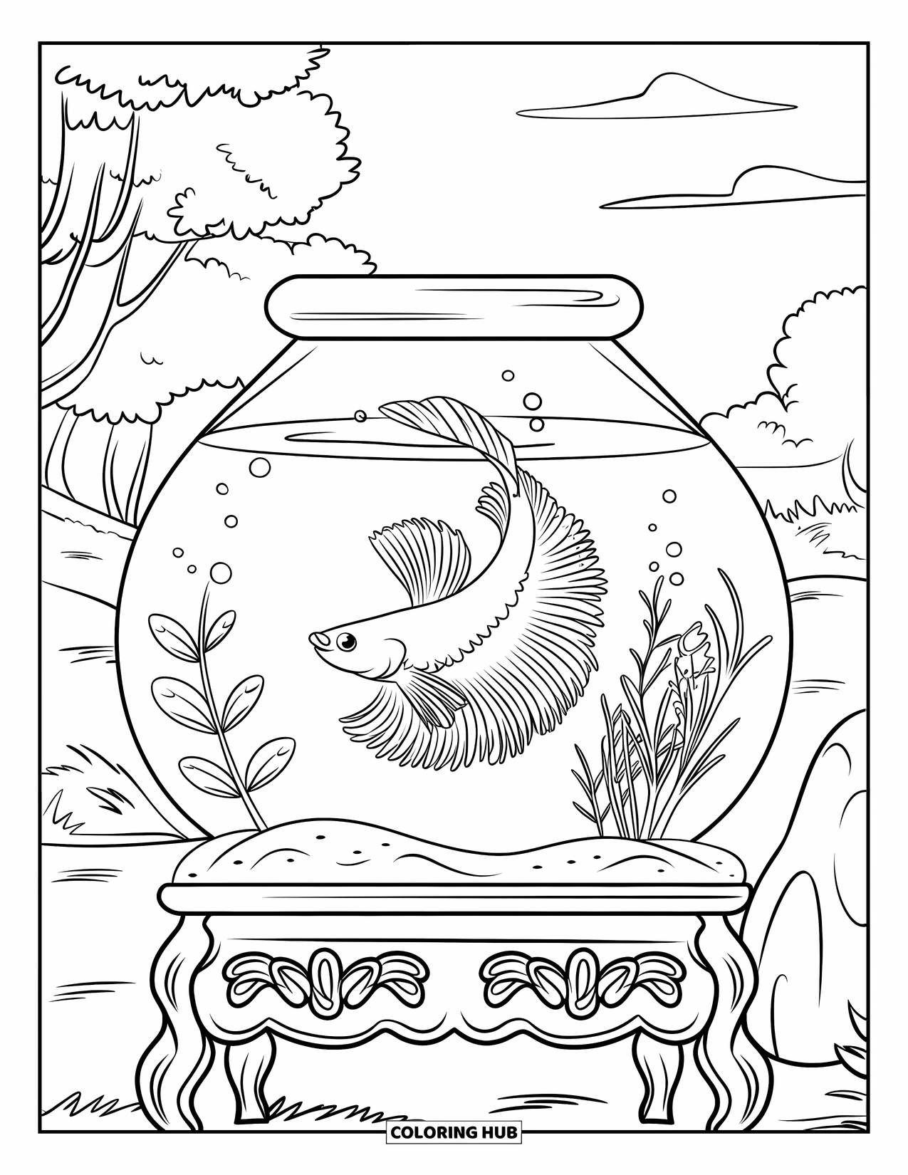 Betta Fish Coloring Page for Kids: A betta fish curves around plants in a tank resting on a carved wooden stand