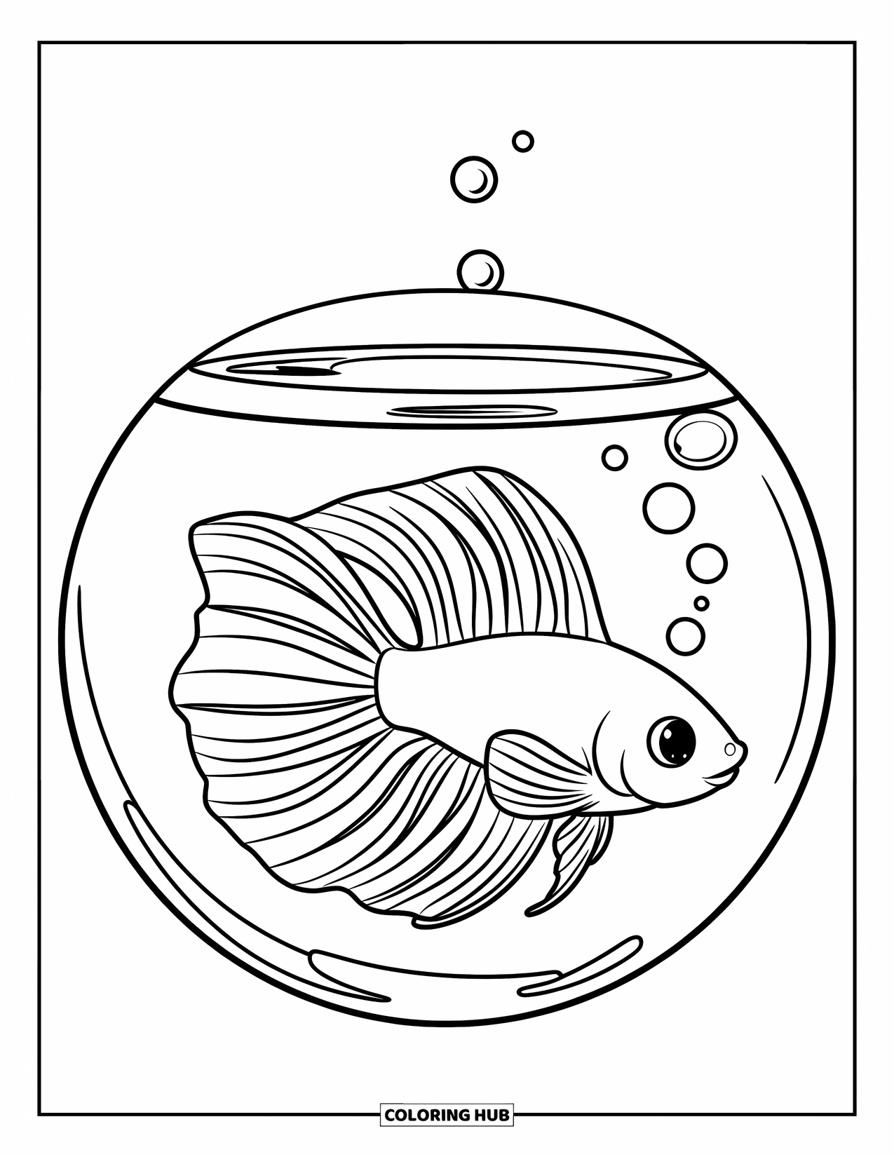 Betta Fish Coloring Page for Kids: A betta fish floats in a round bowl with soft fins and a few bubbles
