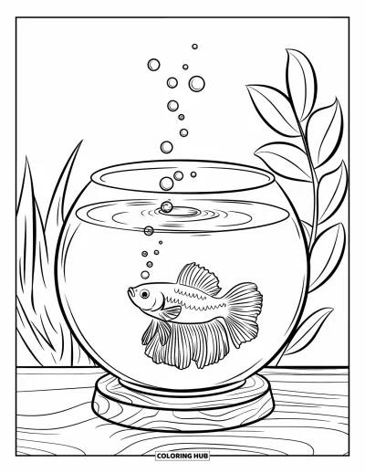 Coloriage de poisson betta pour enfants : Un poisson betta envoie des bulles vers le haut près de feuilles dans un bocal paisible