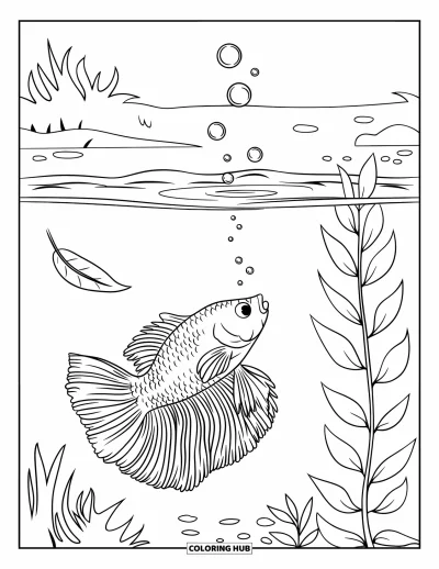 Coloriage de poisson betta pour enfants : Un poisson betta nage et souffle des bulles avec des feuilles qui flottent doucement au-dessus