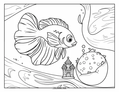 Coloriage de poisson betta pour enfants : Un poisson betta nage près d'un ornement en forme de château et d'une boule de mousse dans un aquarium propre