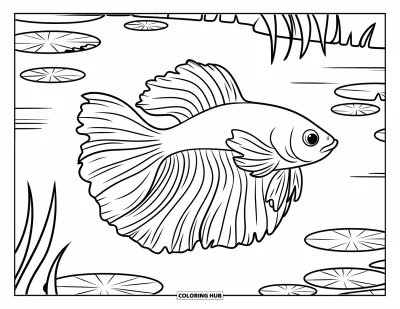 Coloriage de poisson betta pour enfants : Un poisson betta nage en cercle avec des nénuphars flottant sur un lac tranquille
