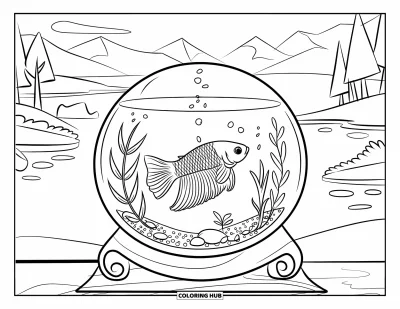Coloriage de poisson betta pour enfants : Un poisson betta nage dans un bocal en verre avec du gravier et des plantes sur un support