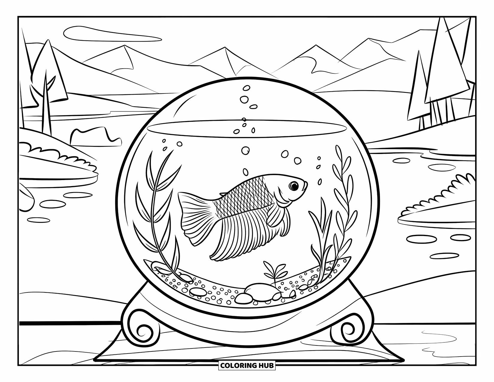 Betta Fish Coloring Page for Kids: A betta fish swims in a glass bowl with gravel and plants on a stand