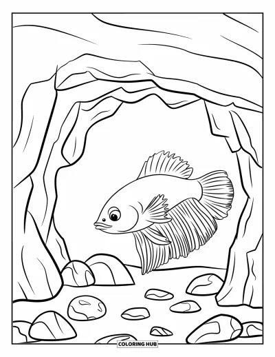 Coloriage de poisson betta pour enfants : Un poisson betta nage près d'une grotte rocheuse et de pierres d'aquarium dispersées