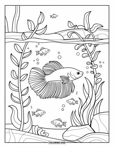 Coloriage de poisson betta pour enfants : Un poisson betta nage parmi de grandes plantes tandis que de petits poissons évoluent en arrière-plan