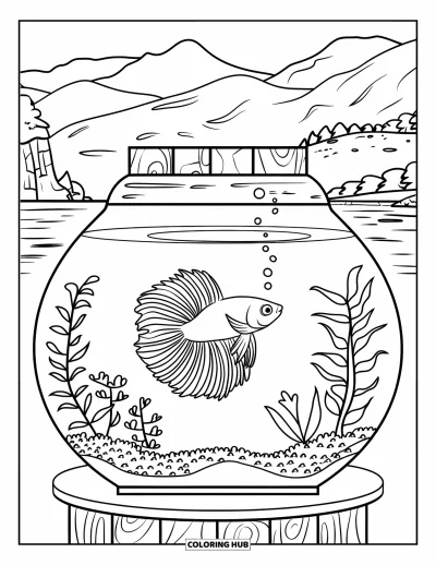 Coloriage de poisson betta pour enfants : Un poisson betta tourne dans un aquarium planté sur un support en bois avec la nature en toile de fond