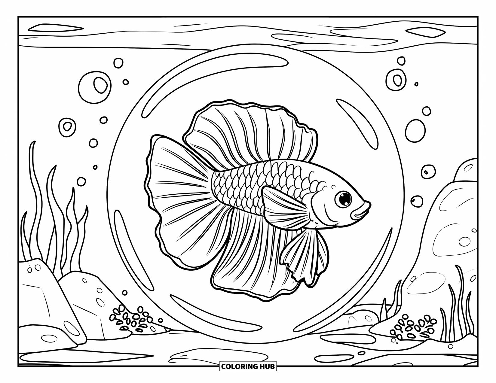 Betta Fish Coloring Page for Kids: A betta fish with flower-like fins swims in a bubble among rocks and plants